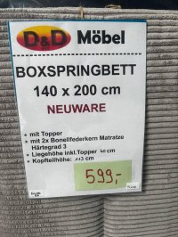 Boxspringbett 140x200 cm, Cord Grau, H3, Topper - Bild 3