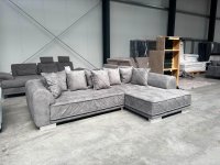 Ecksofa Samt Grau – Wellenfederung, Lose Kissen, Einzelstück - Bild 1