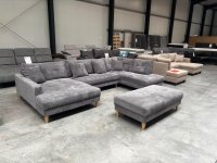 XL Wohnlandschaft Cordstoff Grau mit Hocker & Bettfunktion - Bild 1