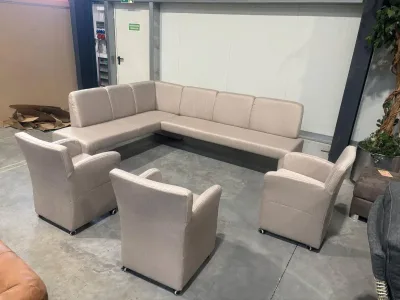 Eckbank Beige Strukturstoff 264x197 cm + 3 Sessel