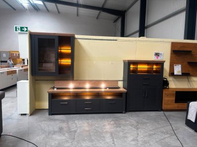 4-teilige Wohnwand Eiche Artisan teilmassiv Grau