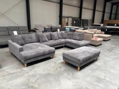 XL Wohnlandschaft Cordstoff Grau mit Hocker & Bettfunktion