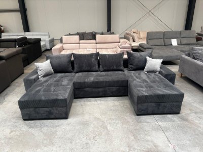 Wohnlandschaft U-Form Cord Grau mit Schlaffunktion & Bettkasten