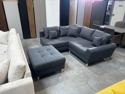 Ecksofa mit Hocker & Bettfunktion Grau Federkern