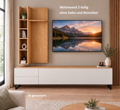 Wohnwand 2-teilig Kaschmir / Eiche Hikora mit LED & Softclose