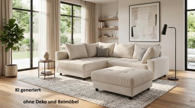 Eckcouch Cord Beige mit Hocker & Schlaffunktion
