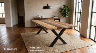 Massiver Esstisch Altholz Akazie 220x100 cm X-Gestell Schwarz
