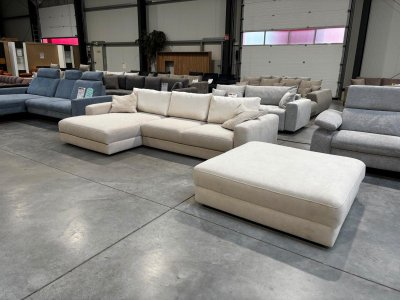 Ecksofa mit Schlaffunktion & Hocker - Chenille Beige