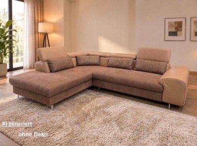 Ecksofa Teilleder Beige/Braun mit Schlaffunktion & Bettkasten